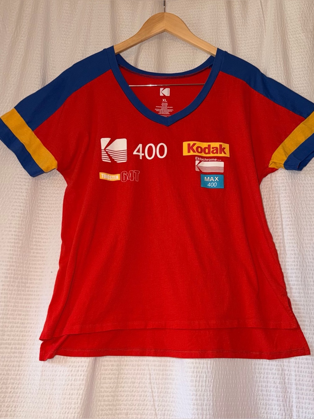 Kodak Ektachrome Film Graphic V-Neck Tee Retro Striped Sleeve Red Size XL